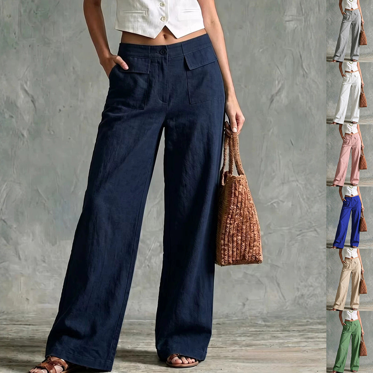 Women's Solid Color Loose Fit Casual Pants - Elastic Waist Trousers for Daily Wear