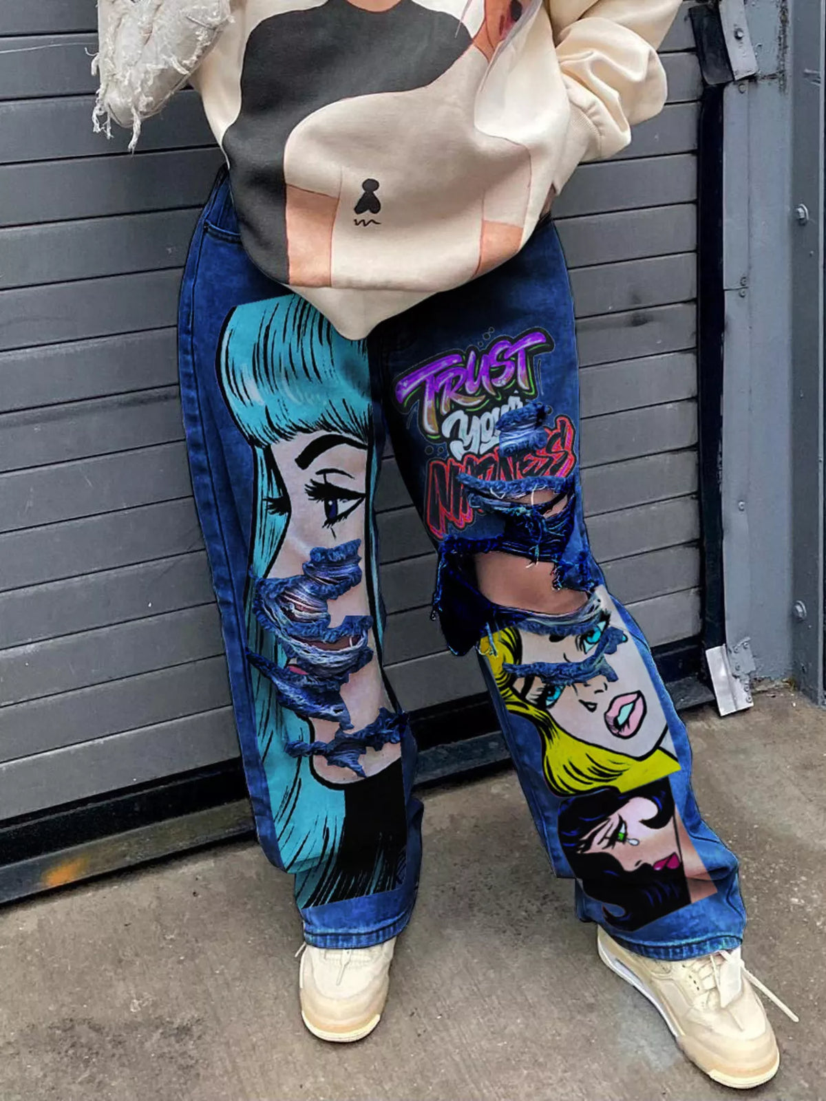 Full Size Pop Art Graphic Distressed Wide-Leg Jeans Plus Size