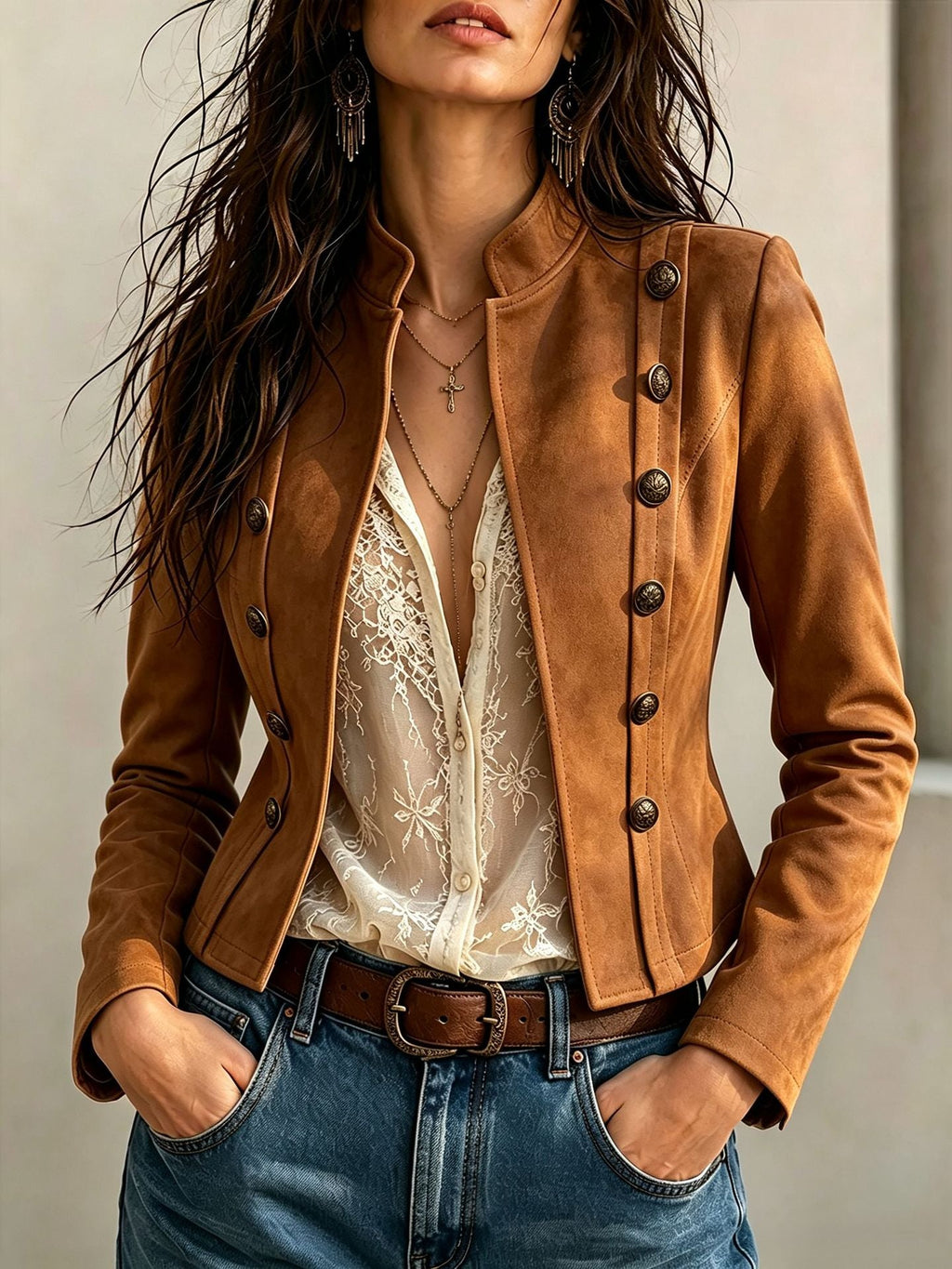 Vintage Double-Breasted Short Coat Womens Stand-Neck Jacket