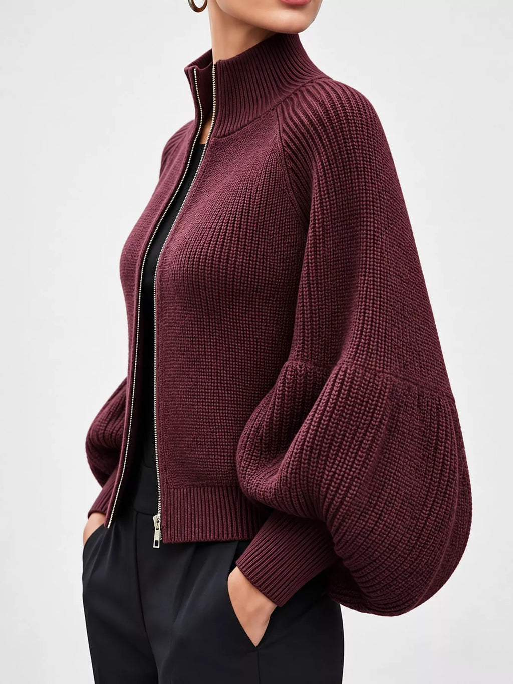 Ribbed Knit Zip-Up Cardigan with Lantern Sleeves