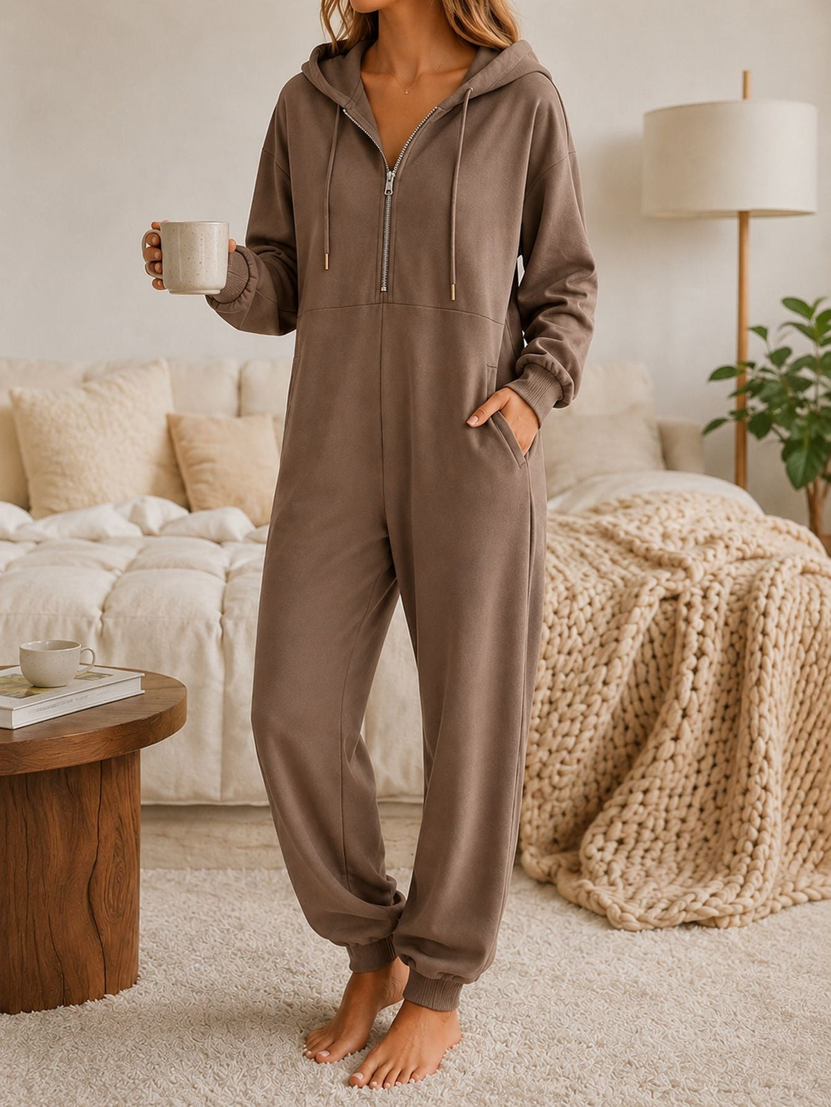 Hooded Zip-up Casual Loose-fitting Jumpsuit
