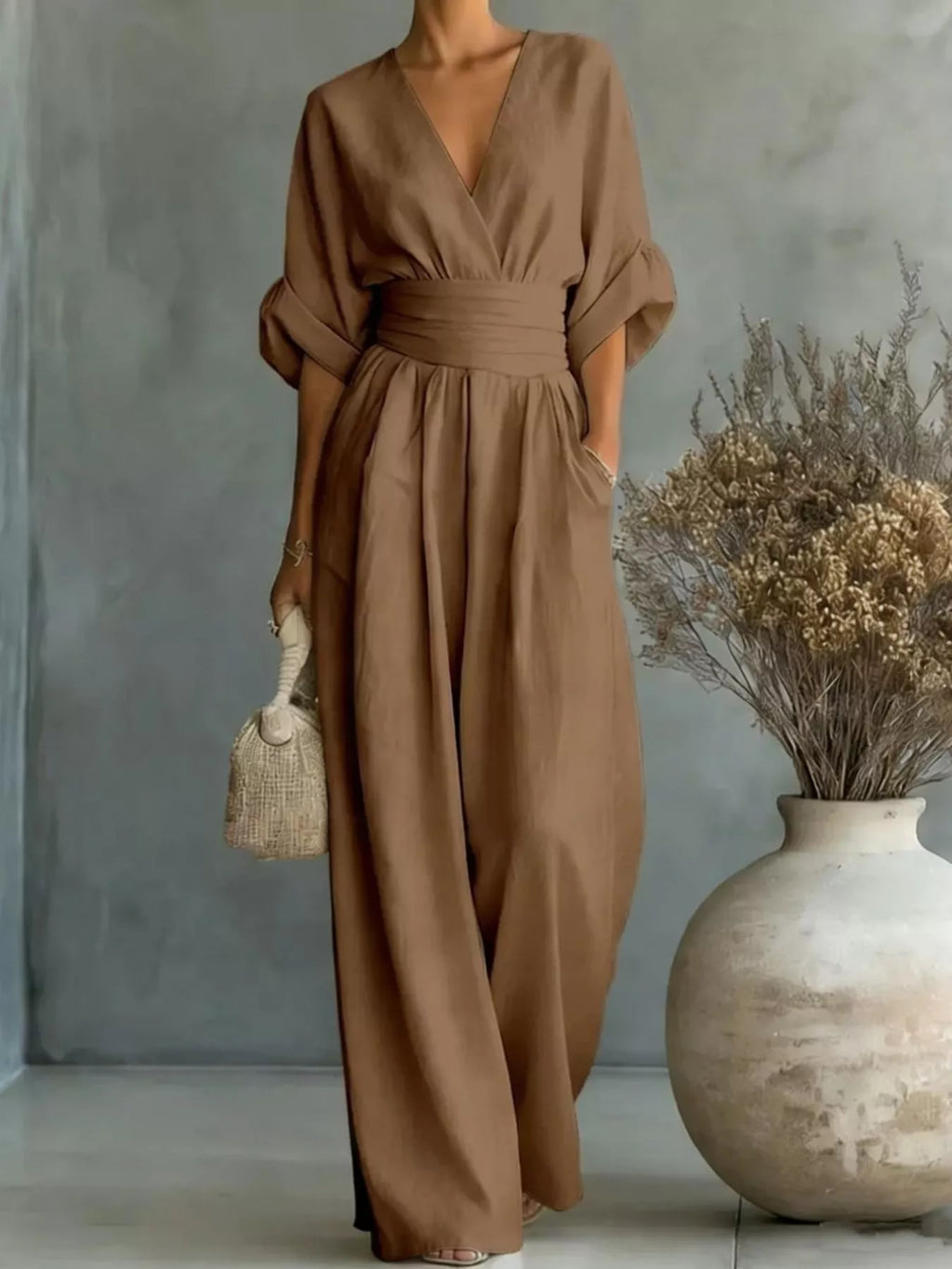 Full Size Half Sleeve Wide-Leg Jumpsuit Plus Size