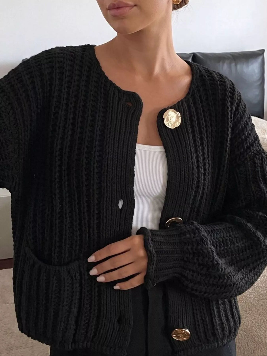 Ribbed Knit Cardigan with Gold-Tone Buttons