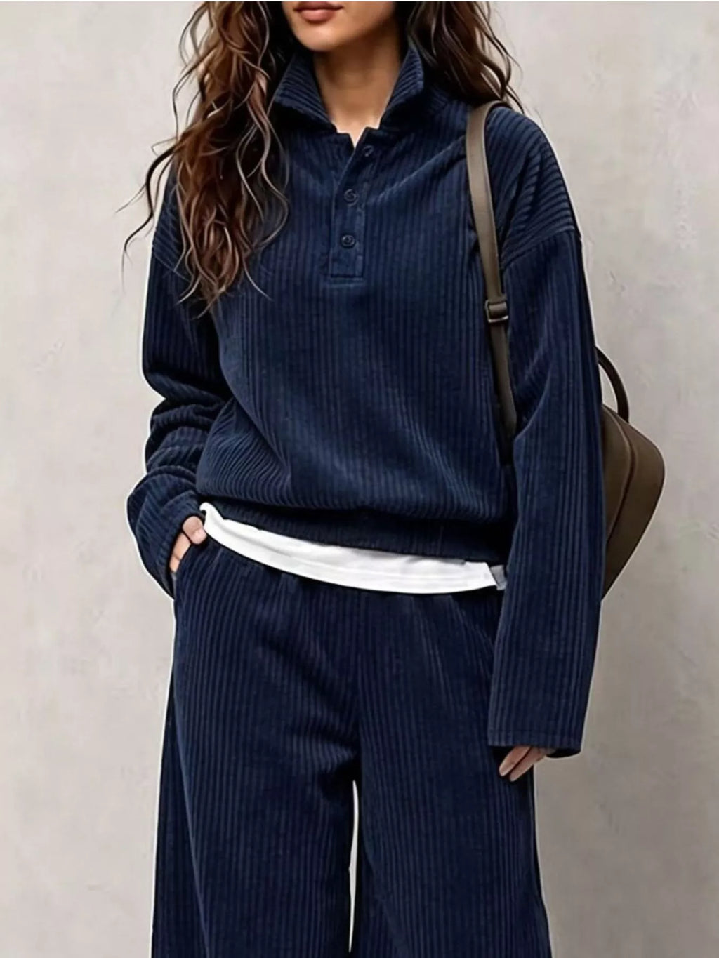 Corduroy Button Detail Top and Wide-Leg Pants Set