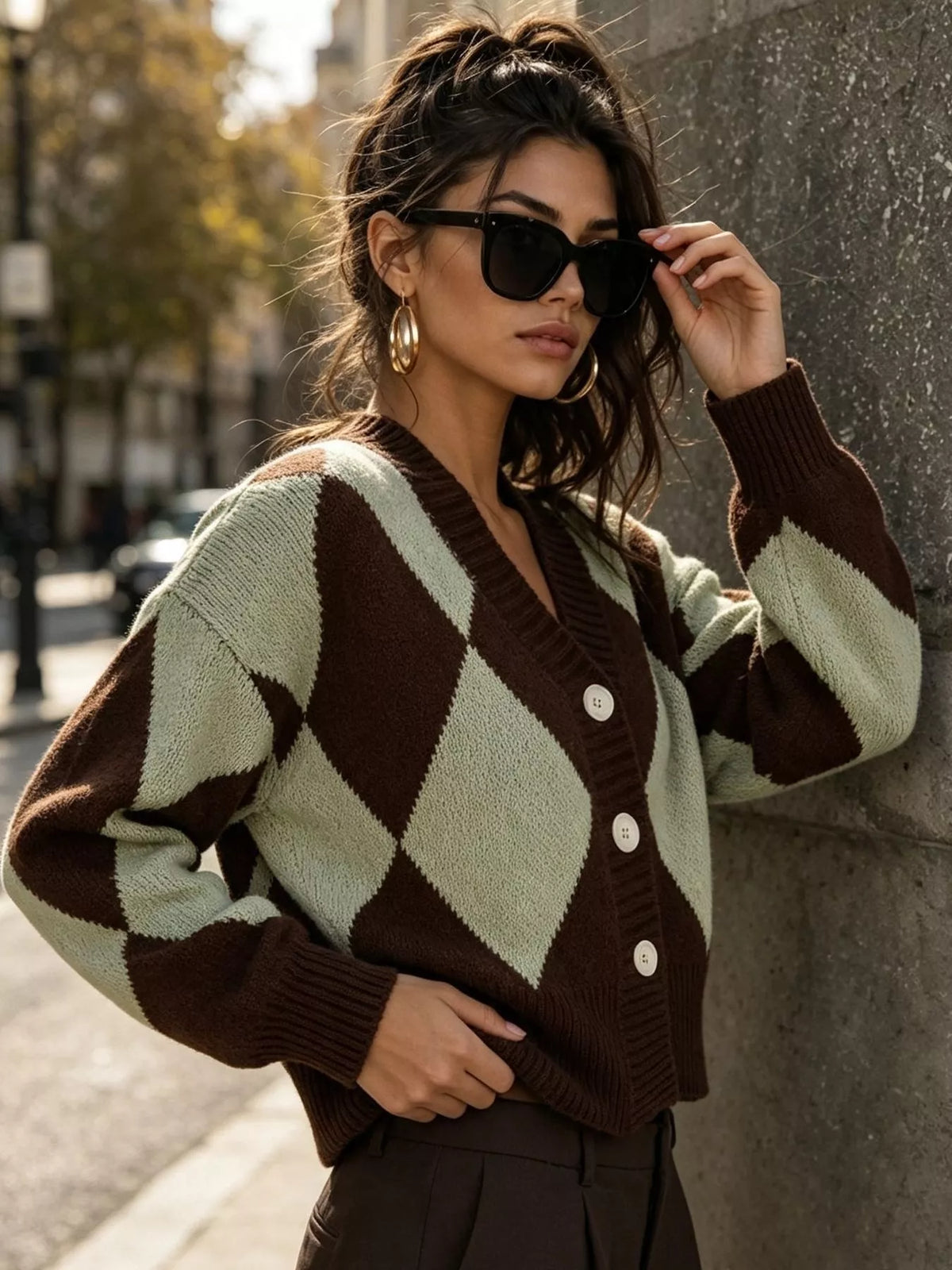 Argyle Pattern V-Neck Button-Down Cardigan