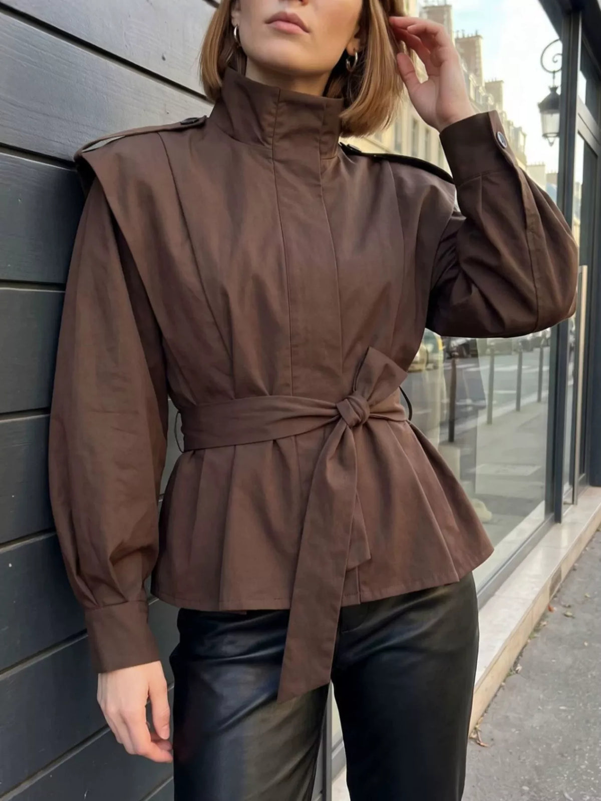 Stand-Collar Belted Outerwear