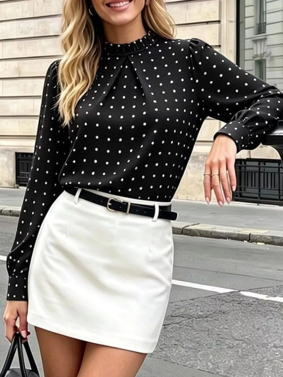 Elegant Polka Dot Print Mock Neck Long Sleeve Blouse