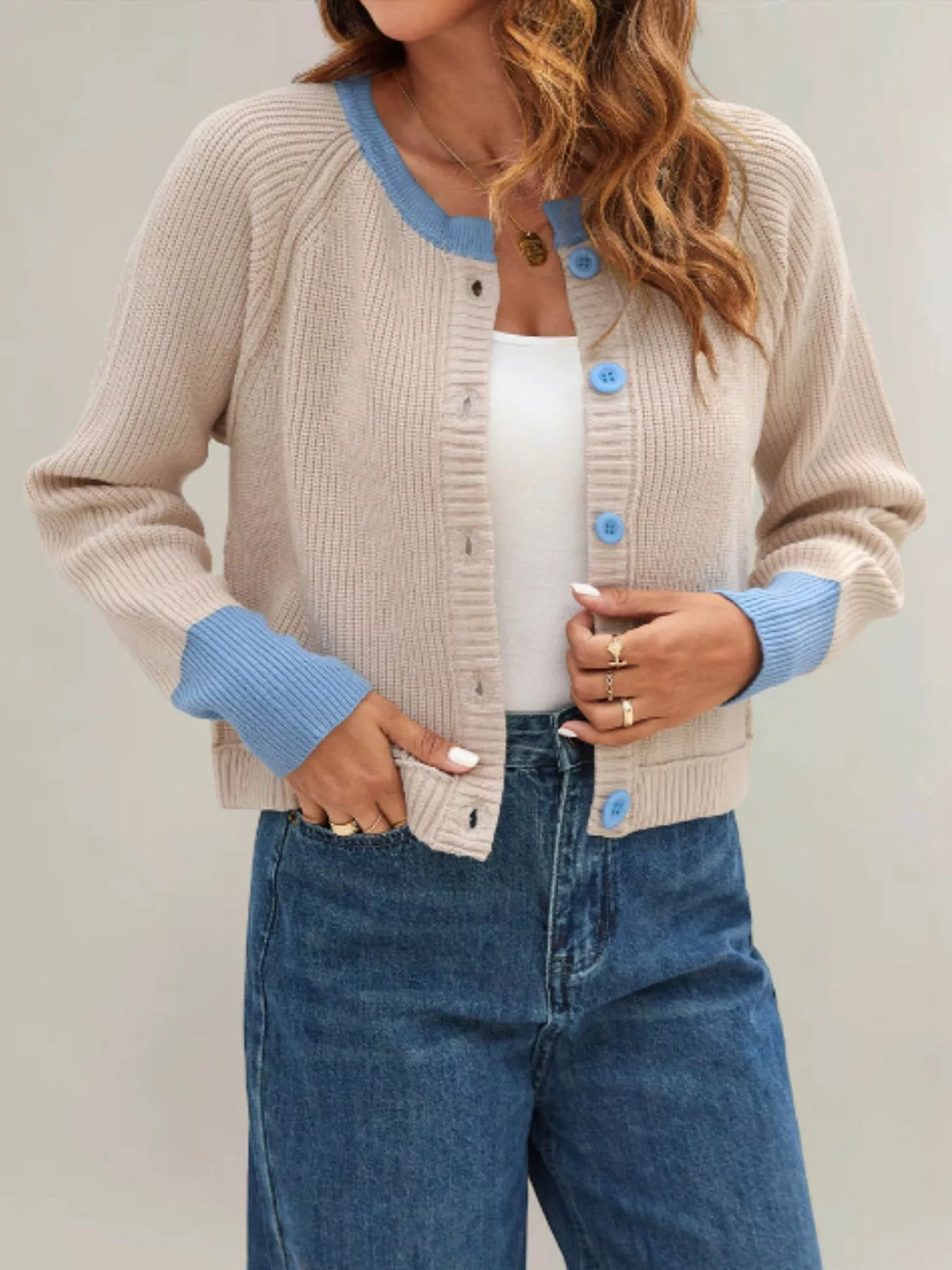 Color Block Ribbed Knit Button-Front Cardigan