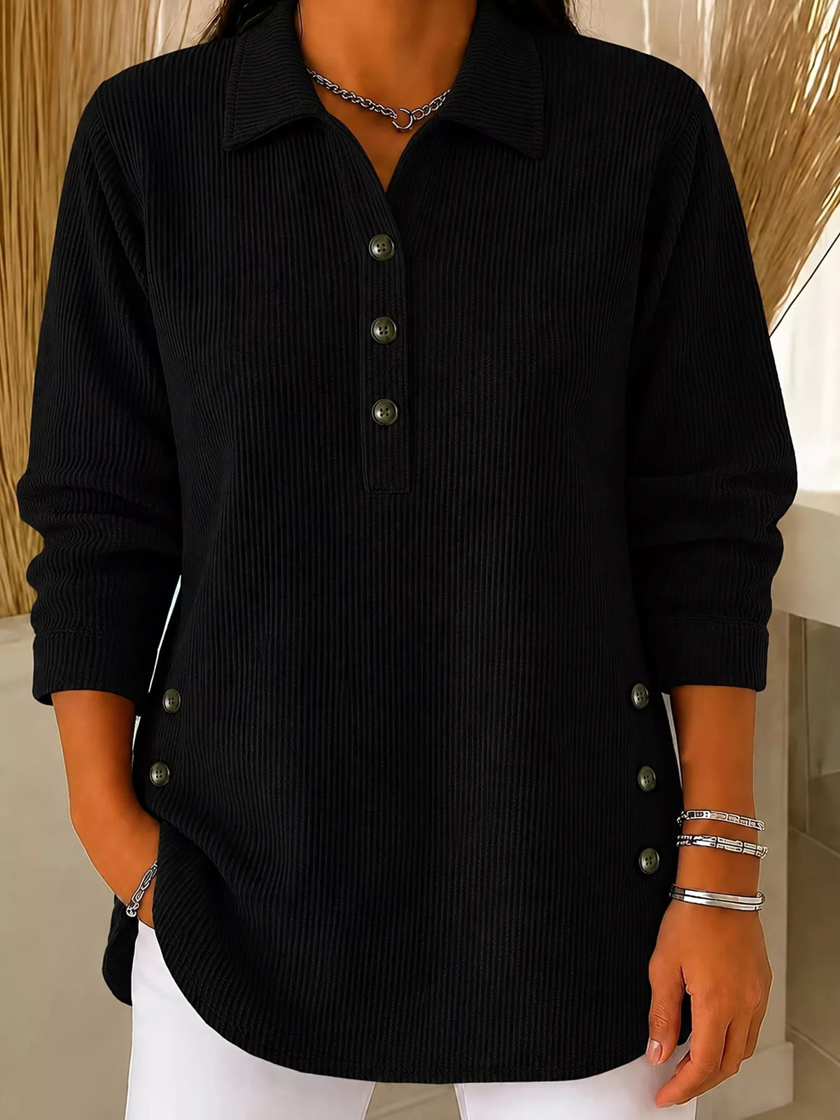 Full Size Button Detail Long Sleeve Top Plus Size