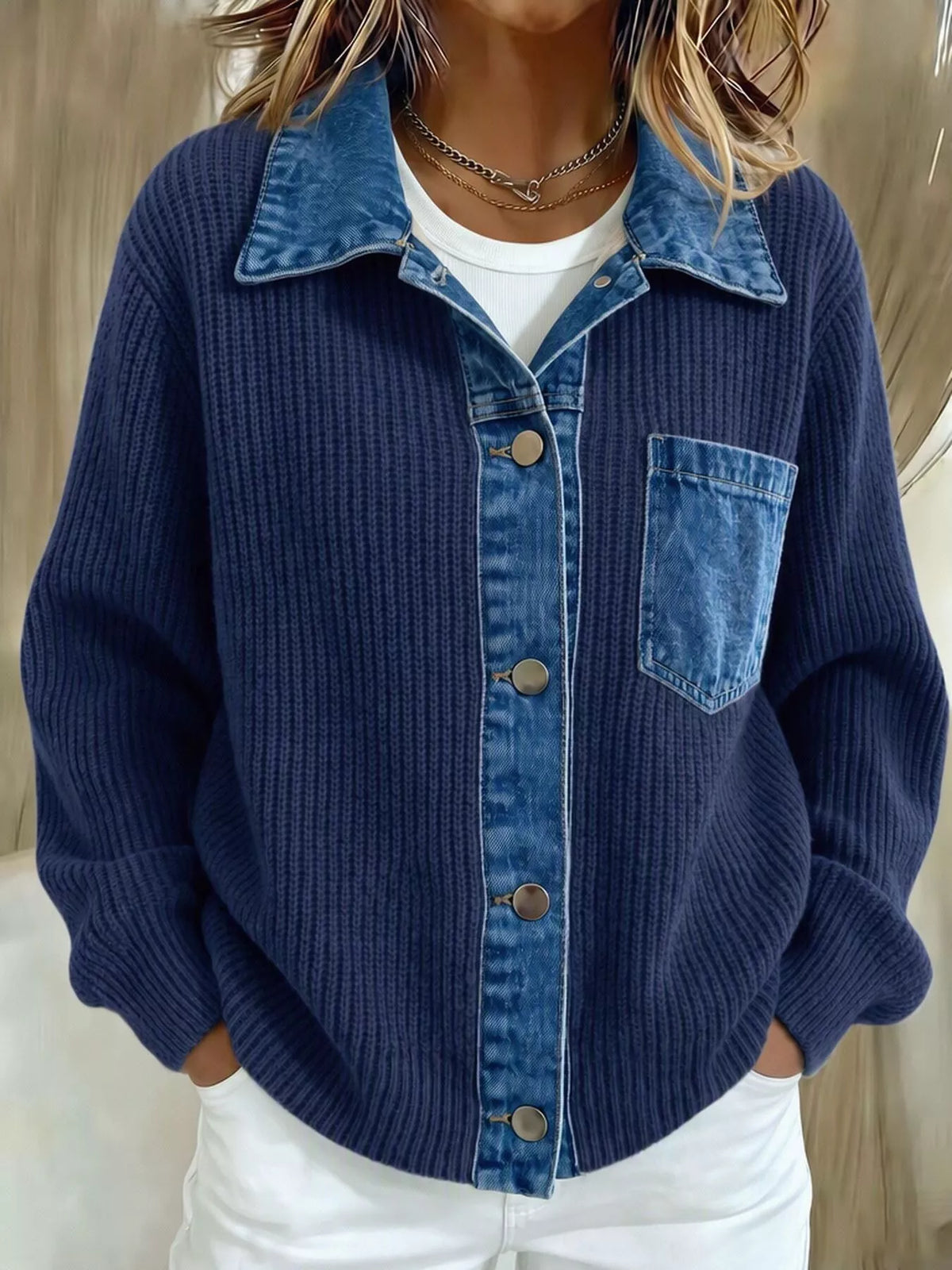 Denim Trim Button Up Cardigan