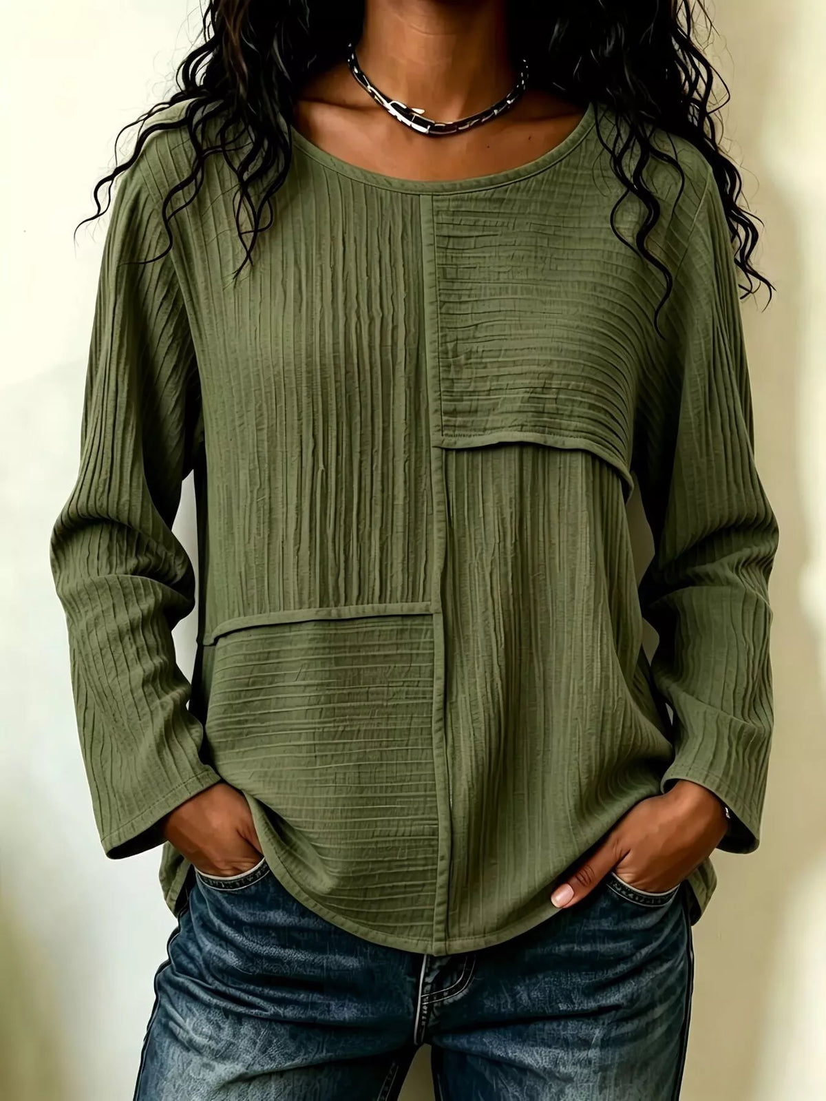 Textured Patchwork Long Sleeve Casual T-Shirt