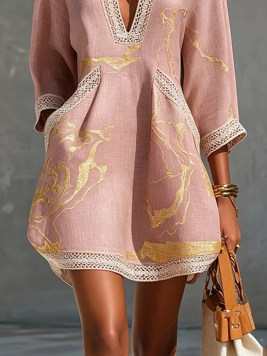 Notched 3/4 Sleeve Mini Dress