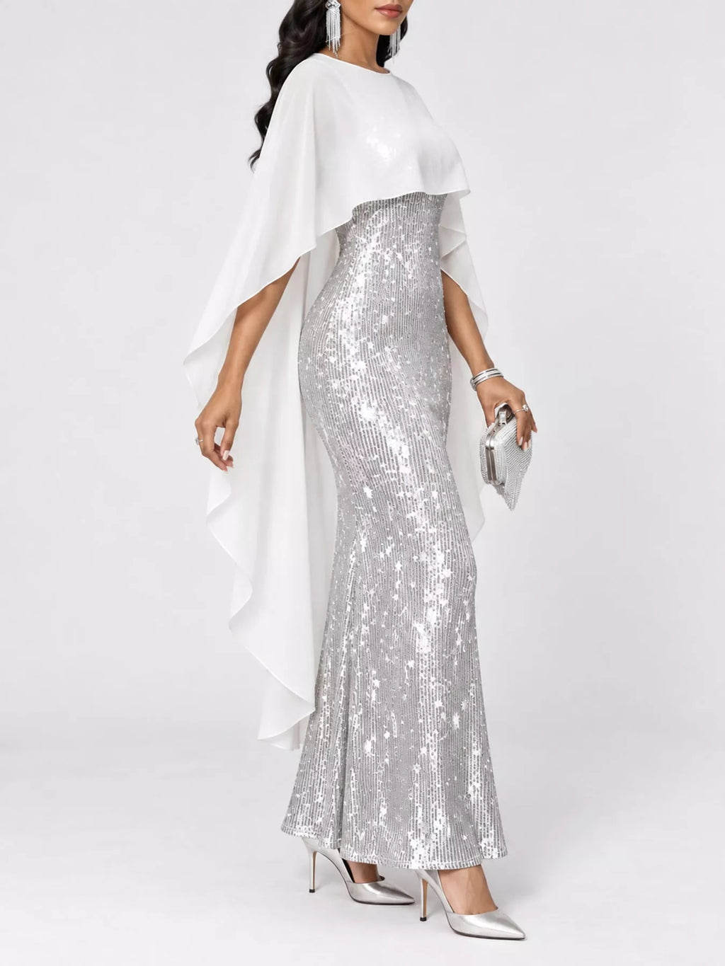 Sequin Cape Overlay Evening Dress