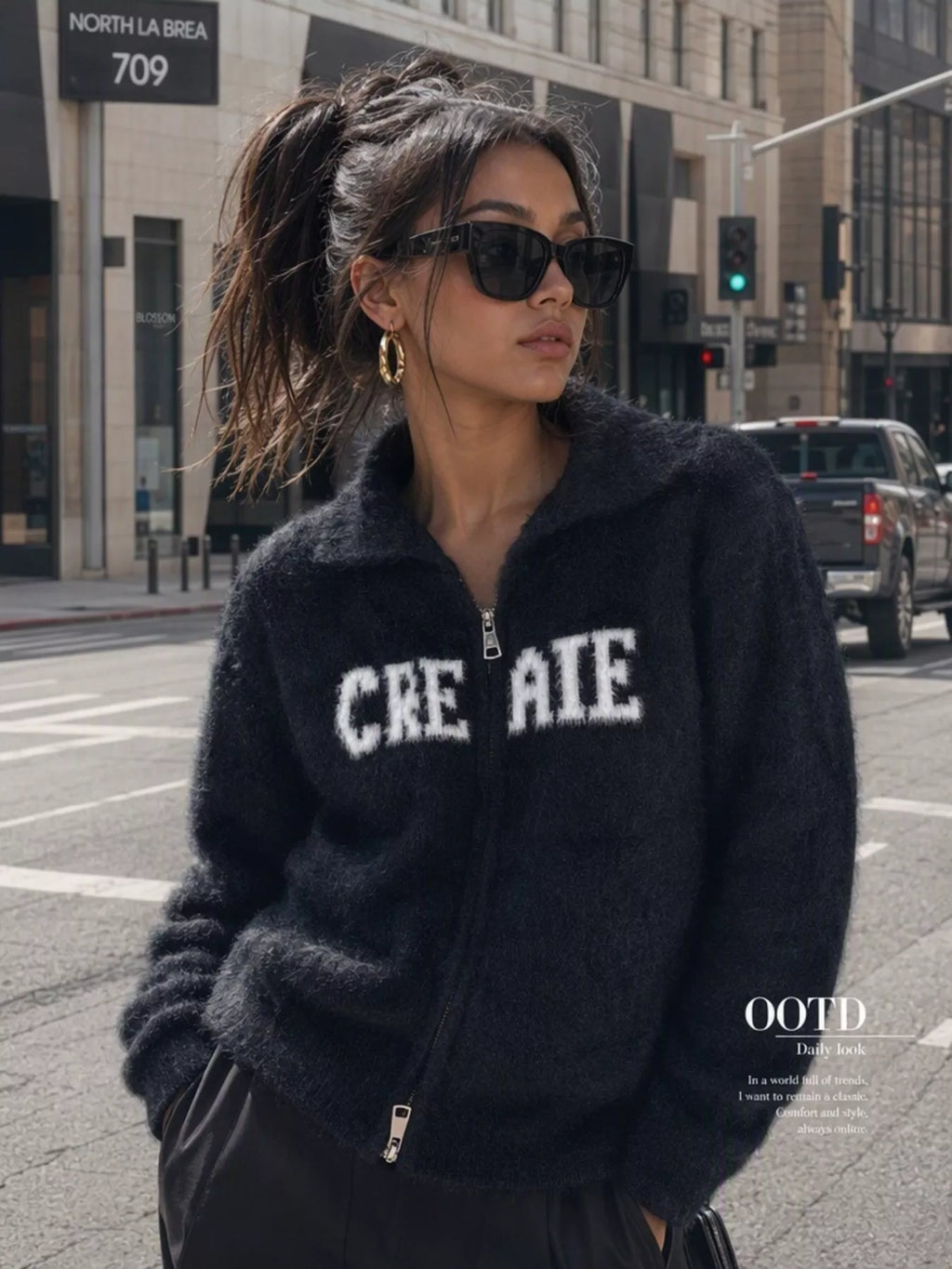 Fuzzy Letter Zip-Up Cardigan