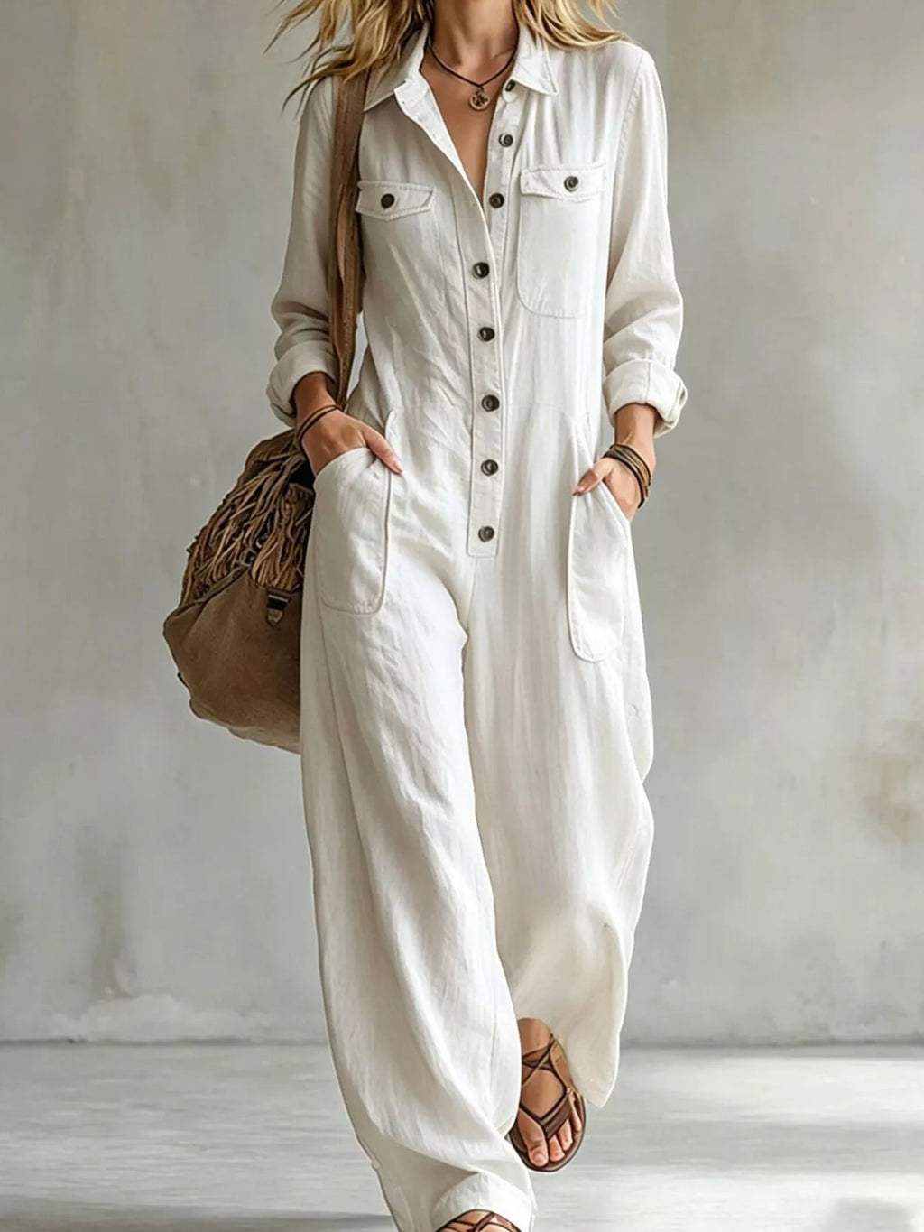 Full Size Long Sleeve Button Front Jumpsuit Plus Size