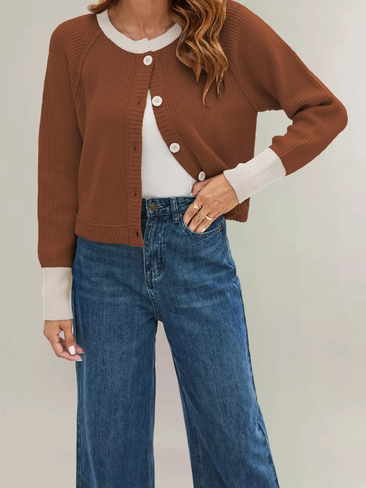 Color Block Ribbed Knit Button-Front Cardigan
