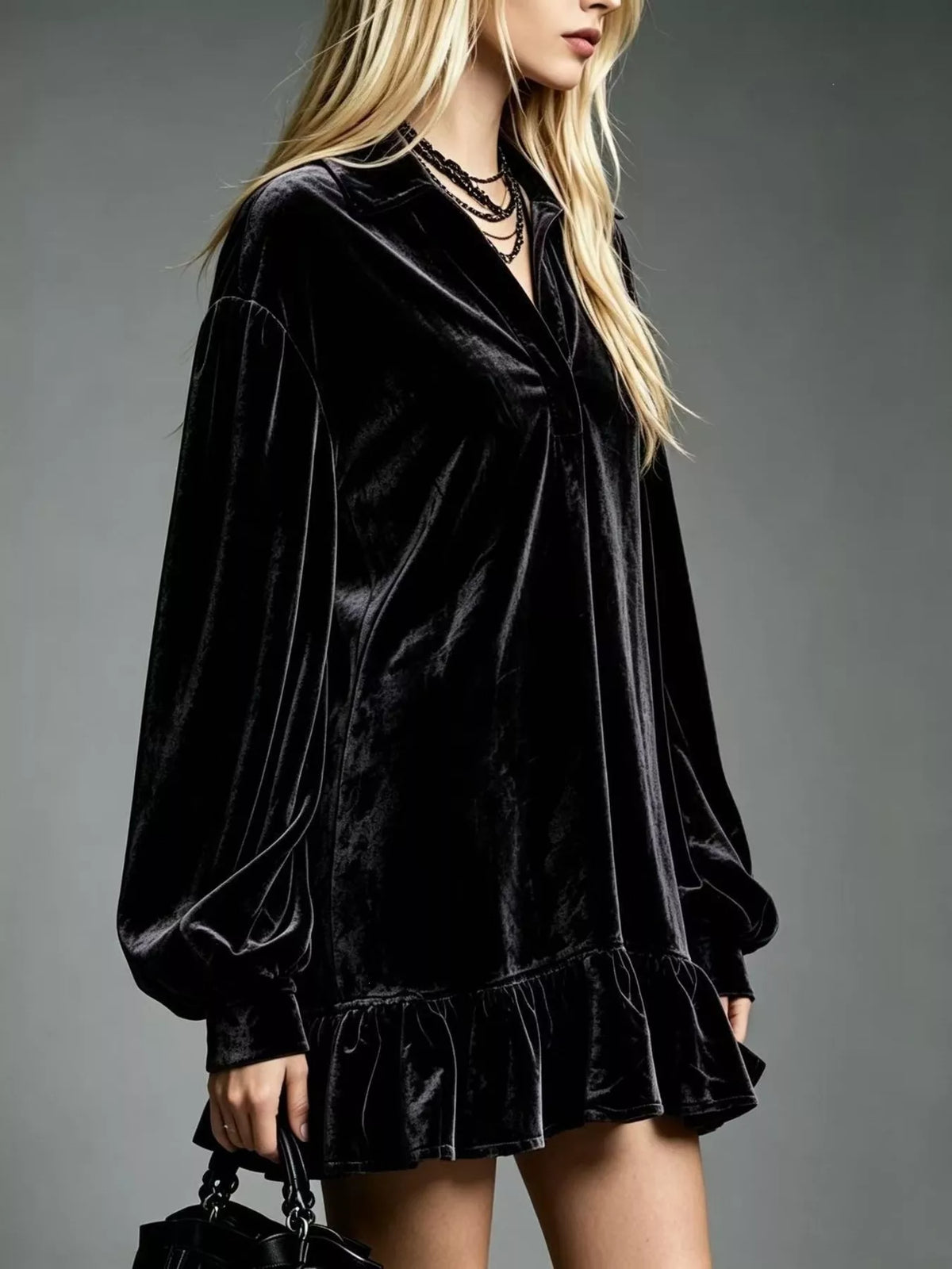 Full Size Velvet Long-Sleeve Ruffle Hem Mini Dress Plus Size