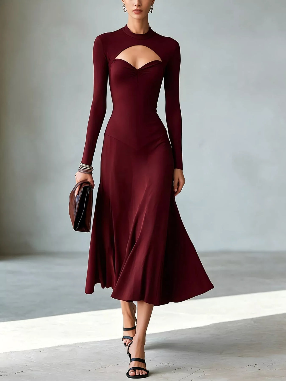 Full Size Mock Neck Cut-Out Long Sleeve Midi Dress Plus Size