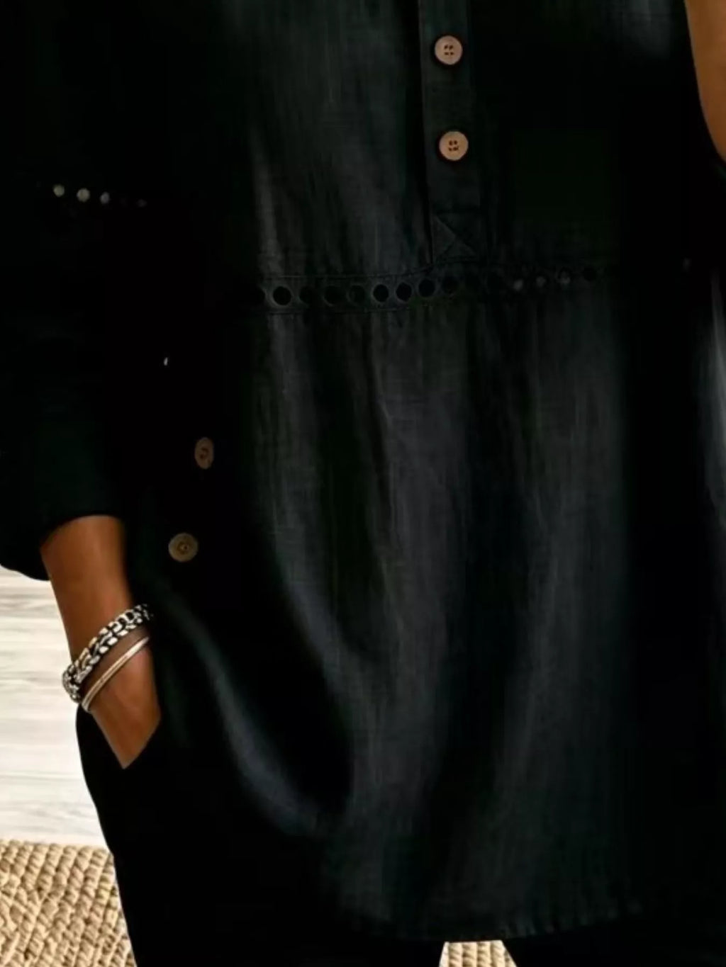 Full Size Button Detail Eyelet Long Sleeve Blouse Plus Size