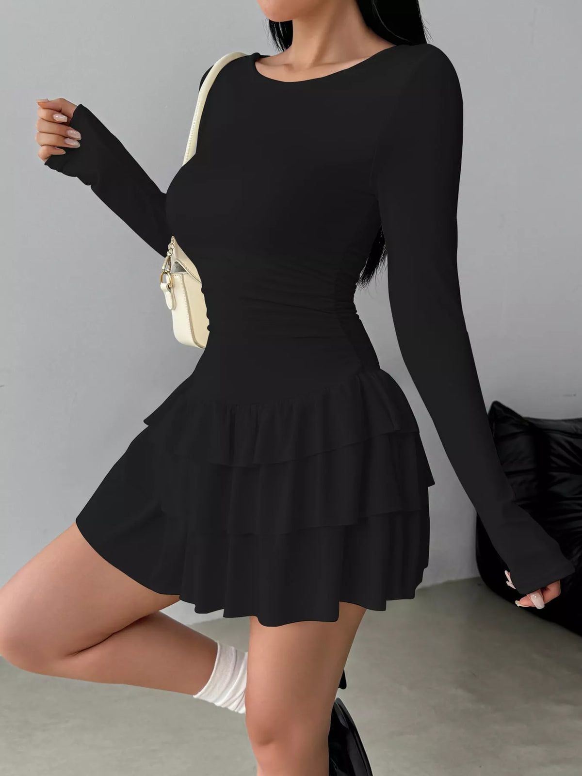Layered Ruffle Long Sleeve Mini Dress