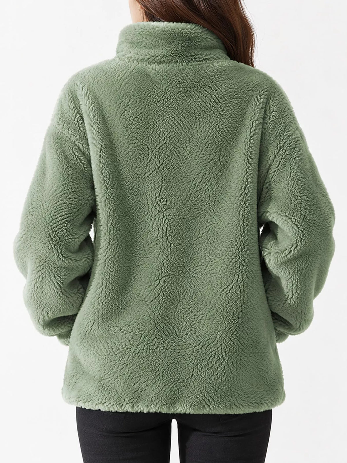 Full Size Drawstring Faux Fur Stand-Collar Zip-Up Outerwear Plus Size