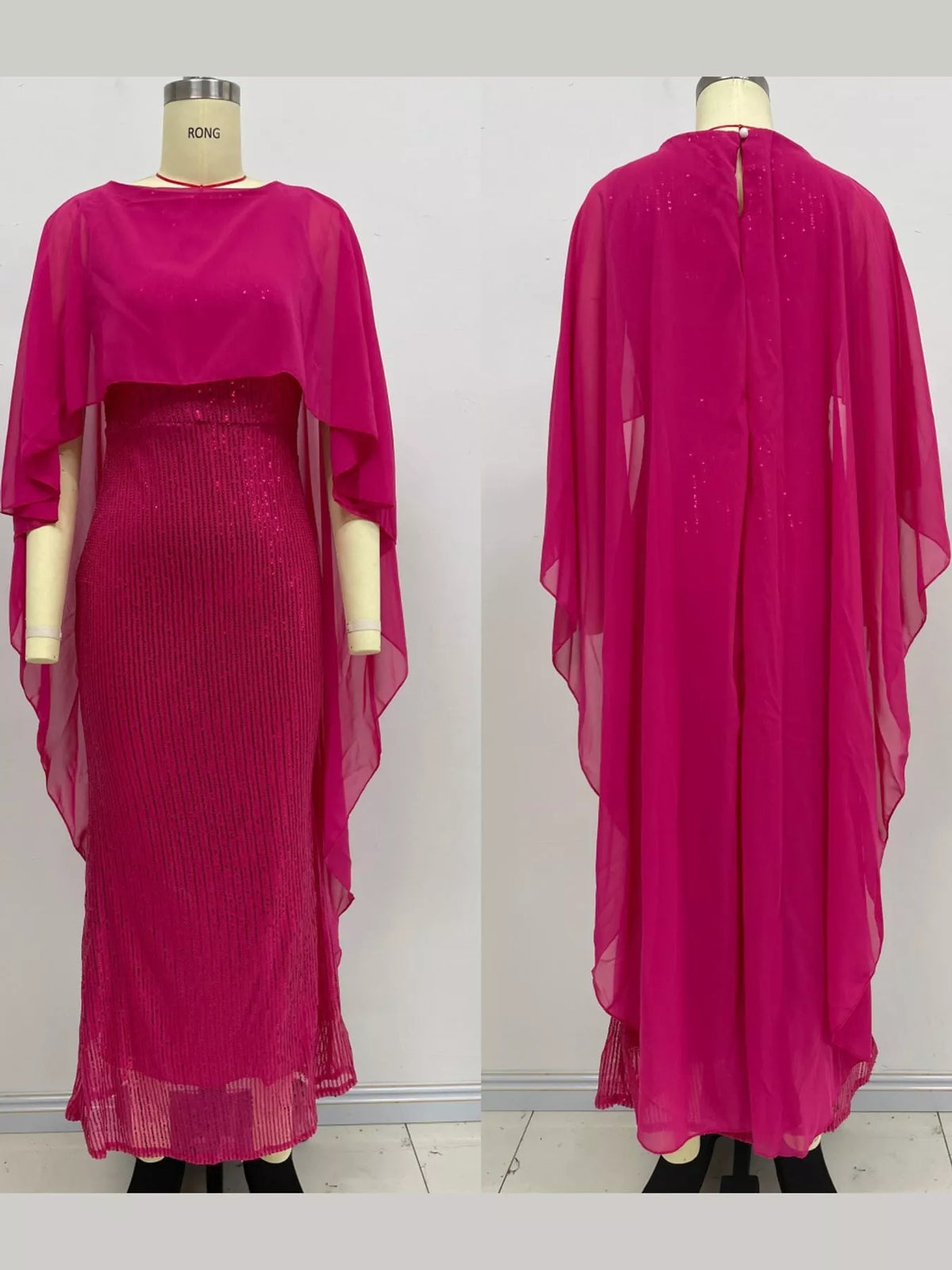 Sequin Cape Overlay Evening Dress