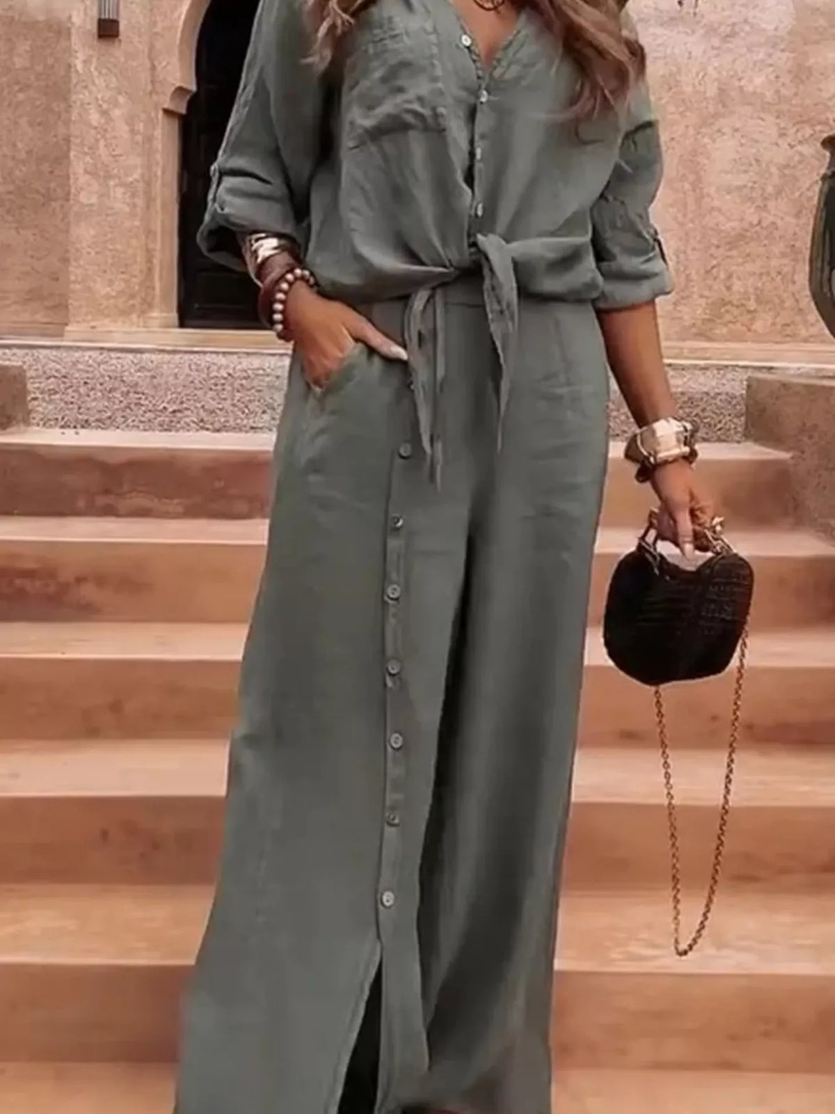 Full Size Tie-Front Shirt and Button-Down Wide-Leg Pants Set Plus Size