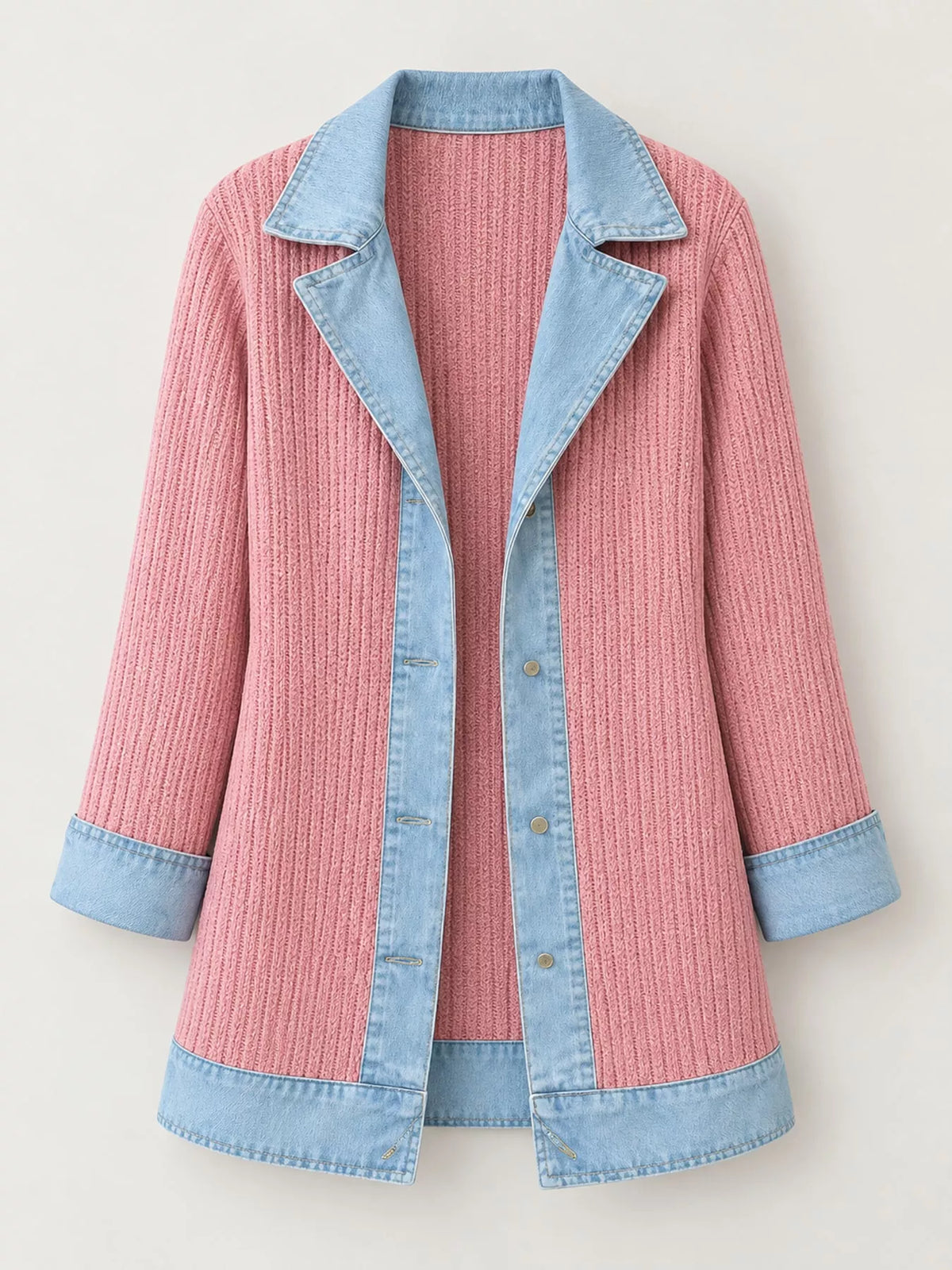 Full Size Denim Trim Ribbed Knit Cardigan Plus Size