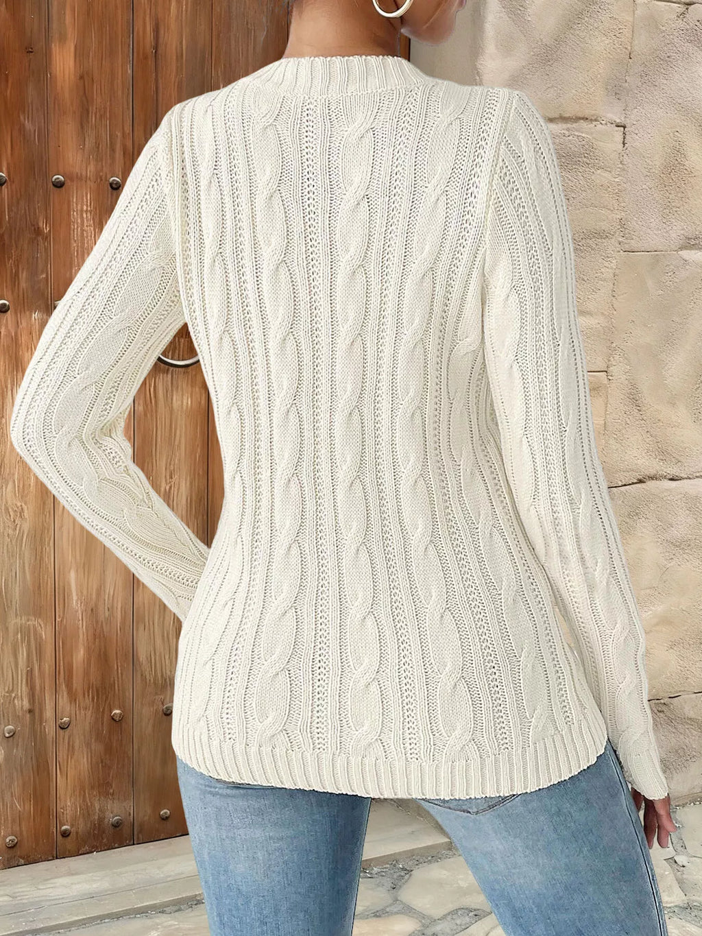 Strawberry Embellished Cable Knit Round Neck Sweater
