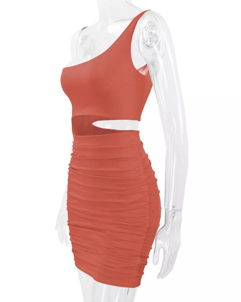 One-Shoulder Cutout Ruched Bodycon Mini Dress