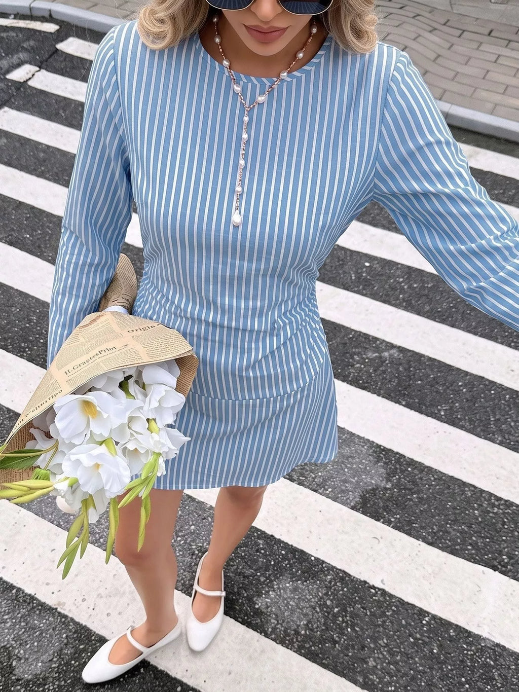 Striped Long-Sleeve Ruched Mini Dress