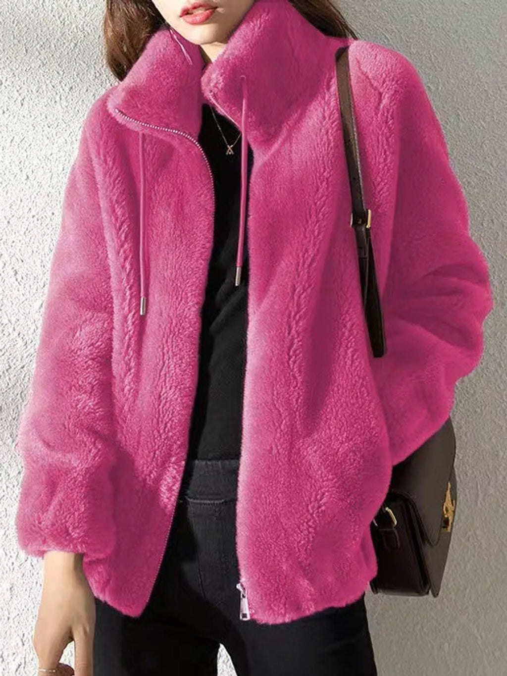 Full Size Drawstring Faux Fur Stand-Collar Zip-Up Outerwear Plus Size