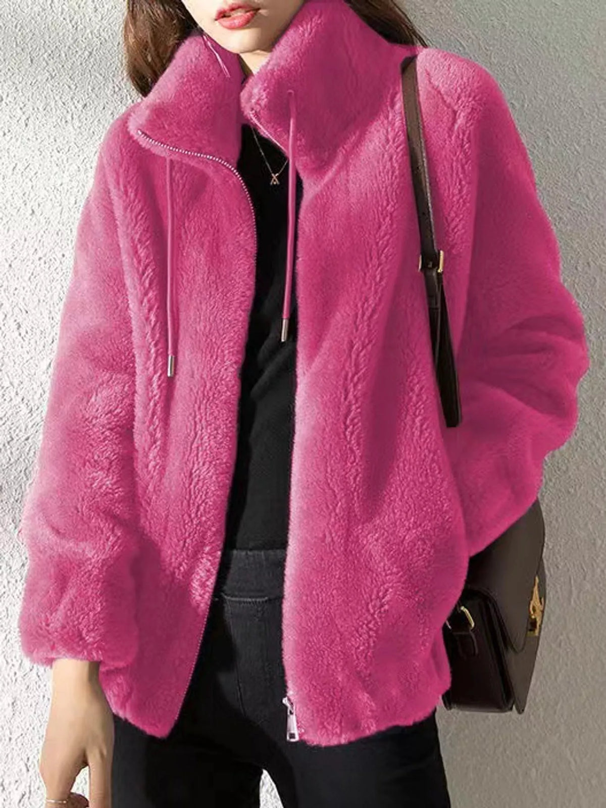 Full Size Drawstring Faux Fur Stand-Collar Zip-Up Outerwear Plus Size