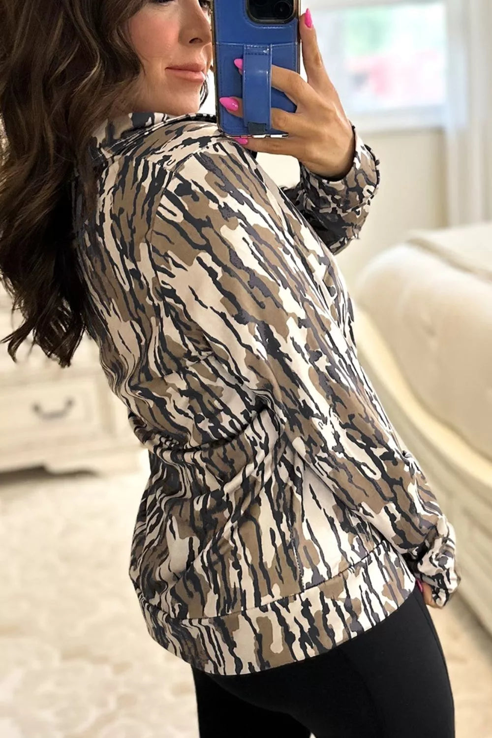 Camouflage Zipper Collar Front Pocket Sweatshirt