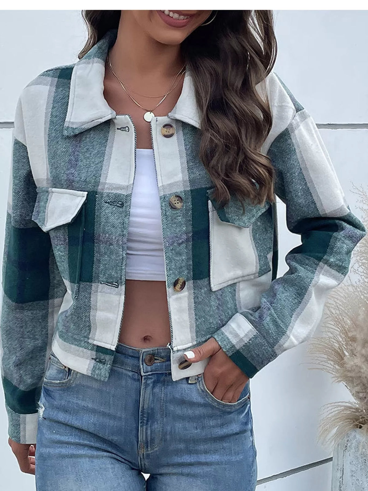Plaid Button-Front Cropped Jacket