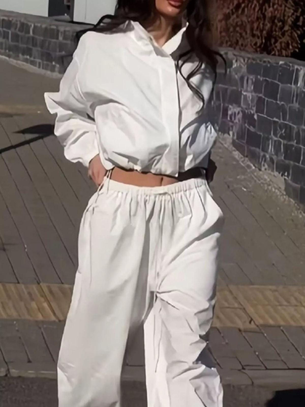 Drawstring Hem Crop Jacket and Wide-Leg Pant Set