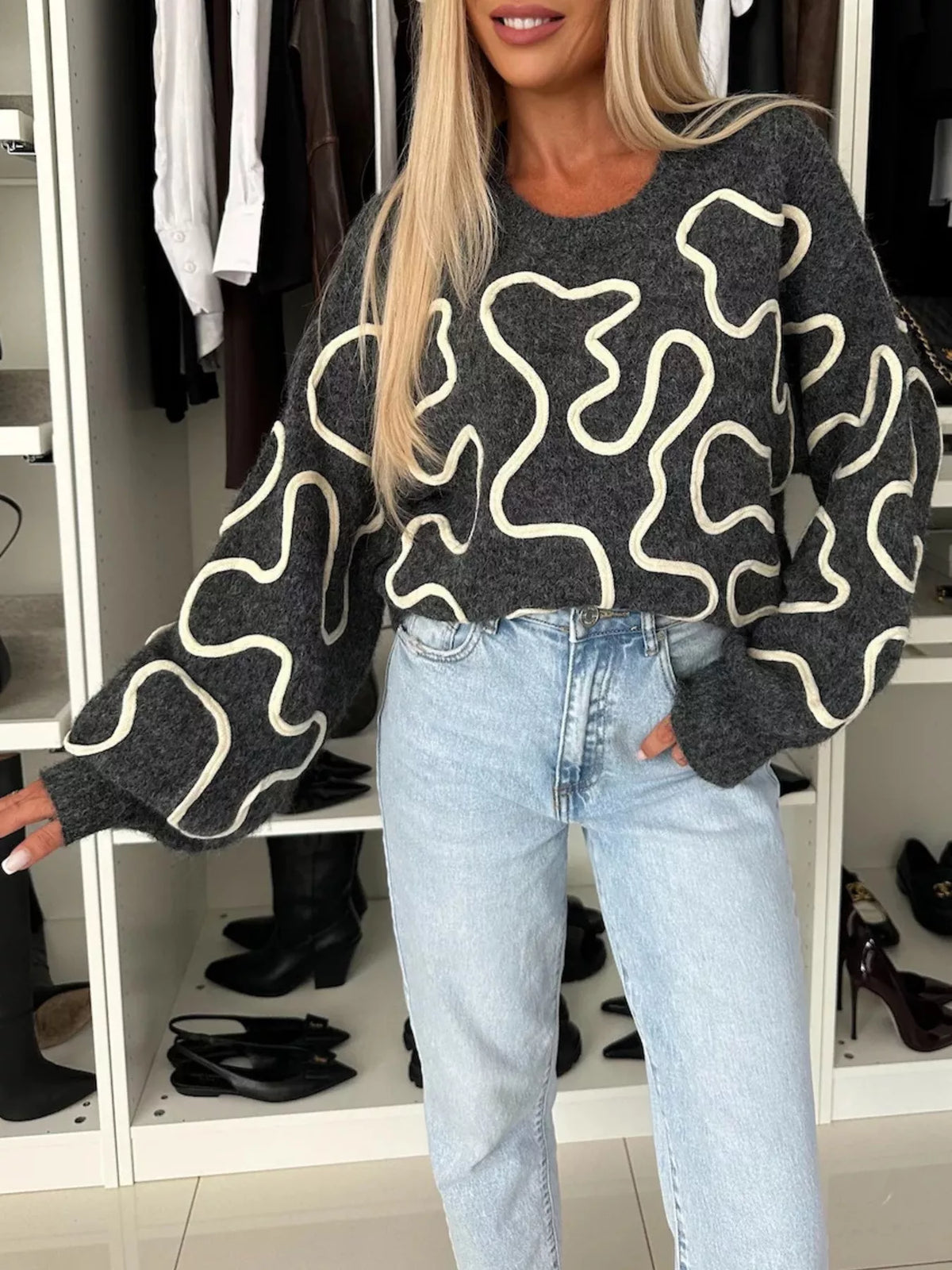 Abstract Pattern Oversized Round Neck Sweater
