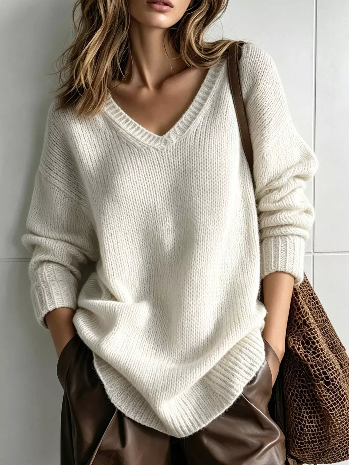 V-Neck Dropped Shoulder Sweater