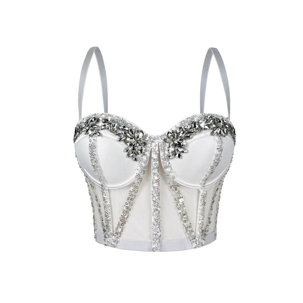 Cross-Border Rhinestone Mesh Fishbone Bra Semi-Transparent Sexy Slimming Suspender Tube Top Slimming  Diamond Fishbone Top Stage