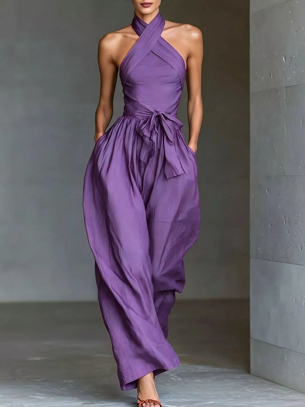 Halter Neck Wide-Leg Jumpsuit with Waist-Tie Detail
