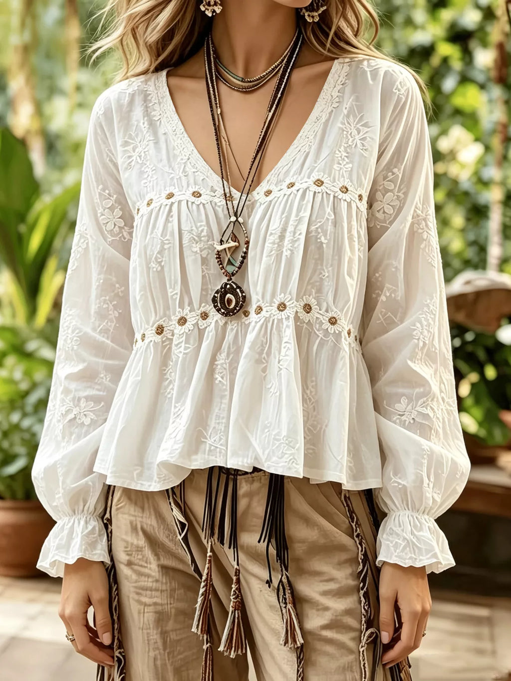 Floral V-Neck Flounce Sleeve Peplum Blouse