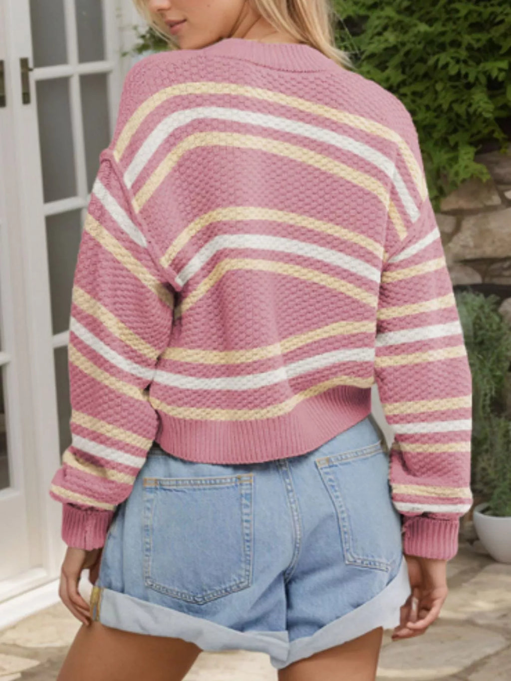Cropped Striped Button-Down Knit Cardigan