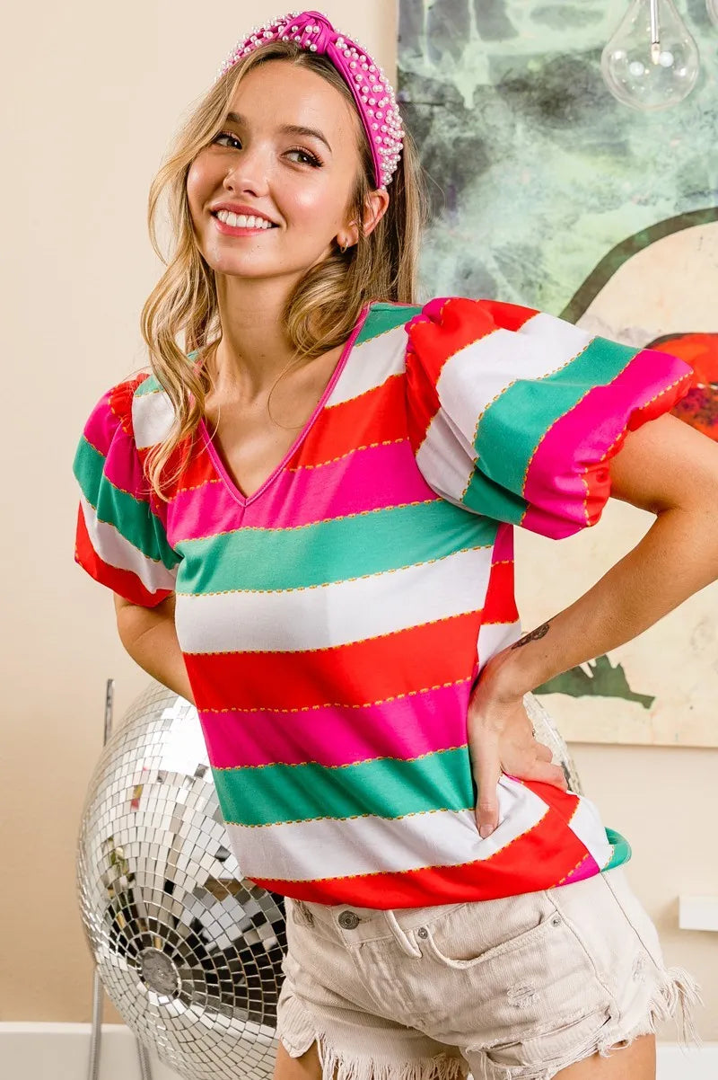 Multi-Stripe Puff Sleeve V-Neck Top