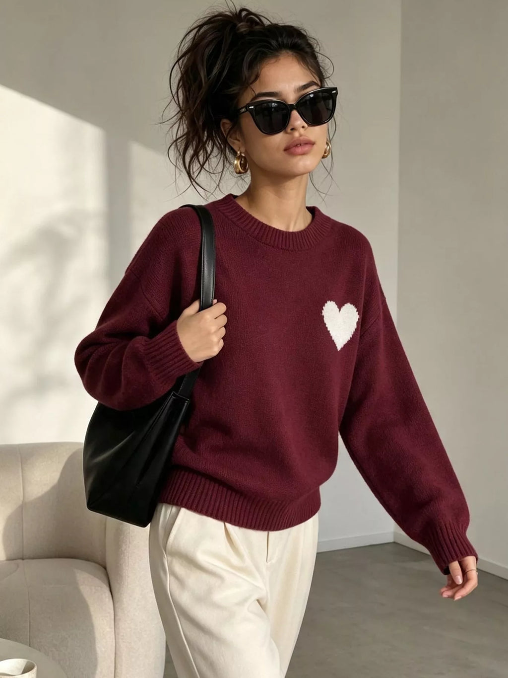 Heart Pattern Round Neck Sweater