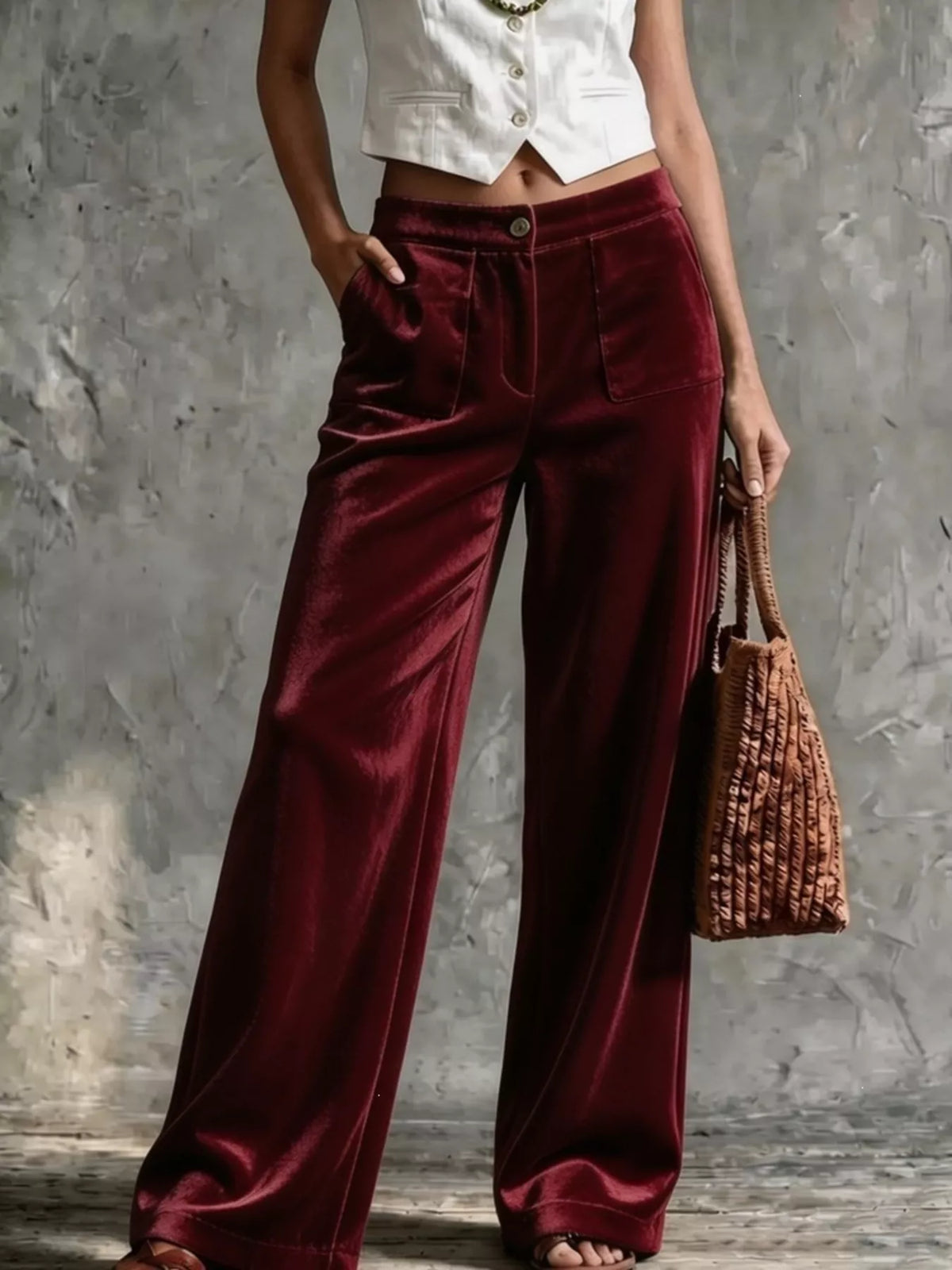 Full Size High-Waisted Wide-Leg Velvet Pants with Front Pockets Plus Size