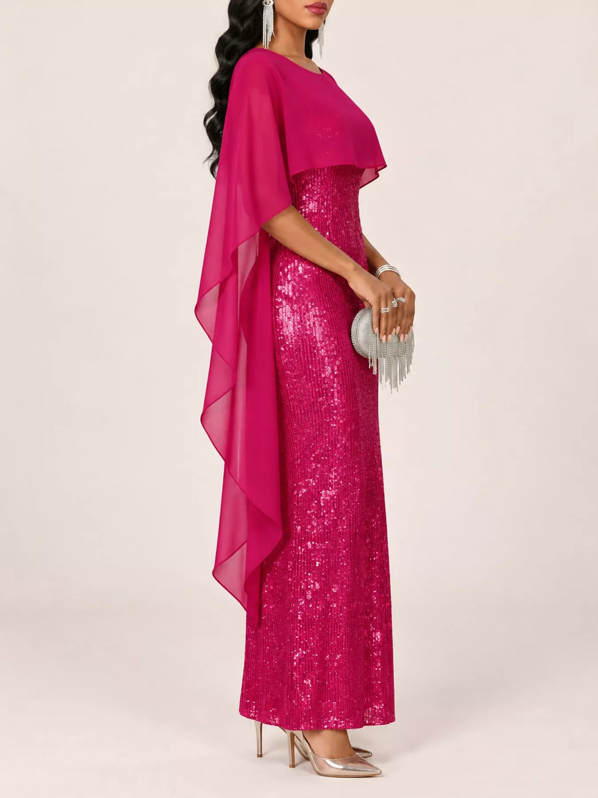 Sequin Cape Overlay Evening Dress