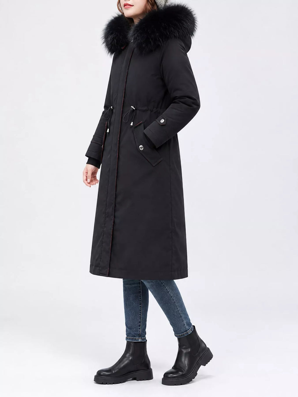 Detachable Longline Hooded Parka with Faux Fur Trim and Drawstring Waist