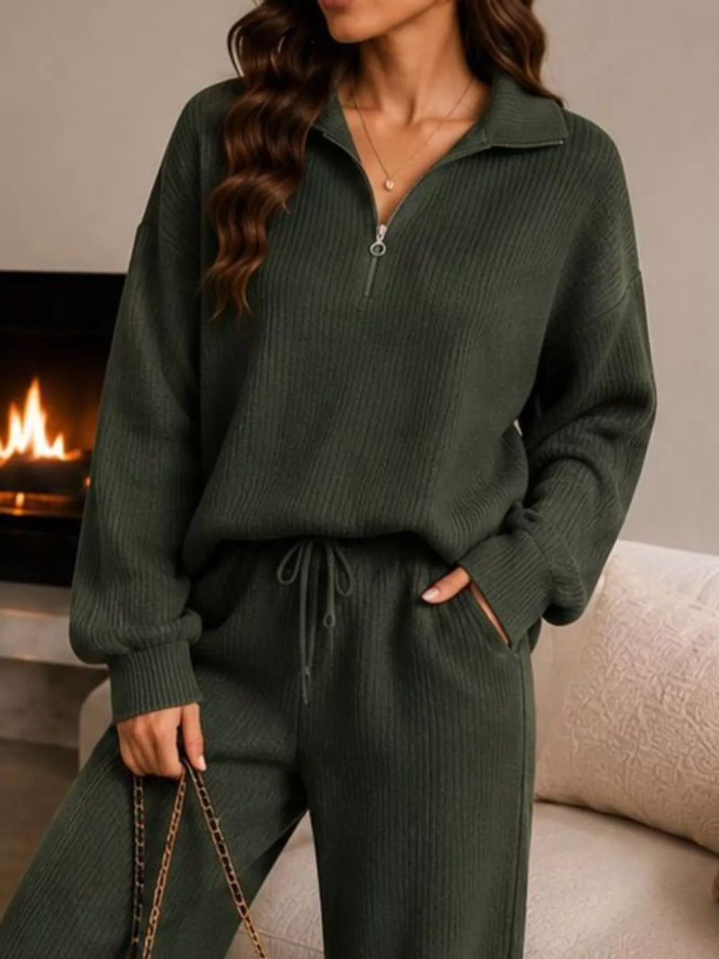 Cozy Ribbed Knit Quarter-Zip Top and Wide-Leg Set