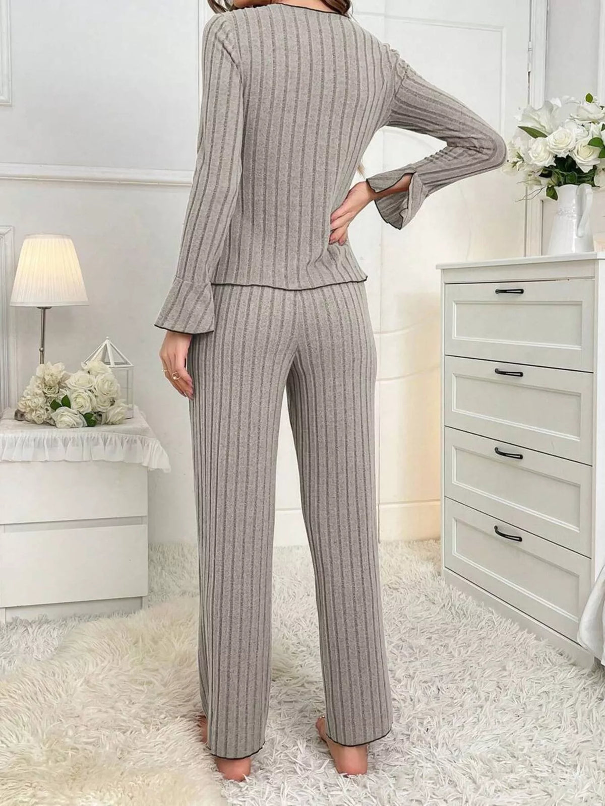 Contrast Bow Detail Top and Pants Lounge Set