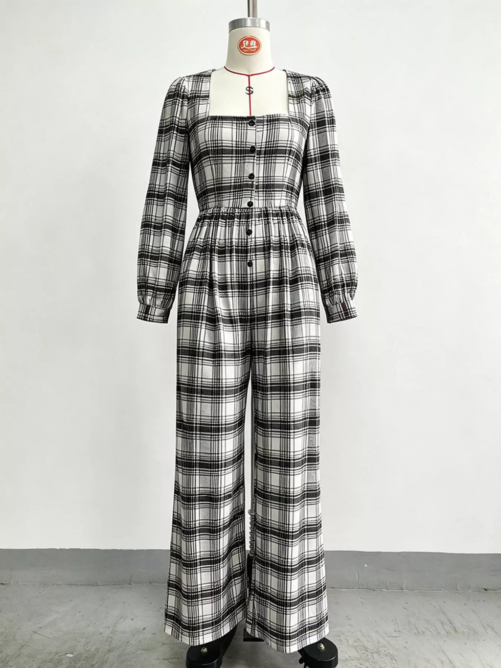 Plaid Square Neck Long Sleeve Wide-Leg Jumpsuit